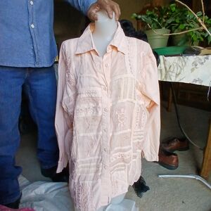 Peach Embroidered Button-Up Blouse